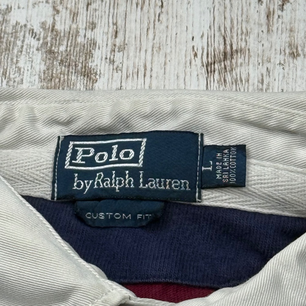 VTG Polo Ralph Lauren Rugby Shirt Mens Large Custom Fit Navy Striped Lion Crest - Picture 4 of 9